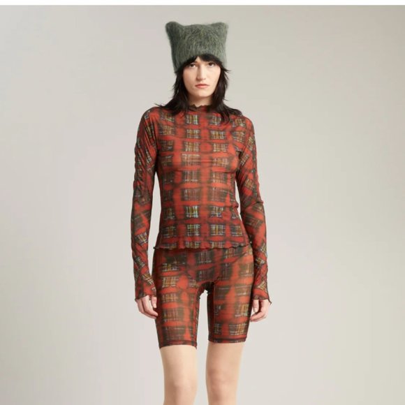 KNWLS HALCYON TOP ACID PLAID GINGER RED CHECK PRINTED JERSEY Small - Picture 3 of 5